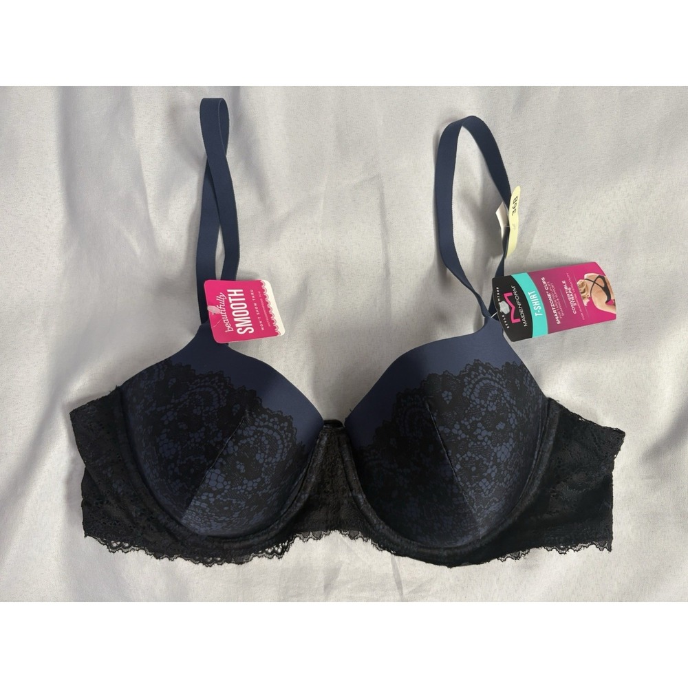 NEW Maidenform One Fabulous Fit Lace Trim Bra Blue Black DM7549 Women's Size 36B